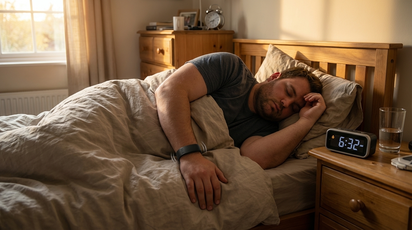 Heavy sleeper in bed with a bedside alarm clock active and a Dawn Band-style wearable alarm visible on the wrist